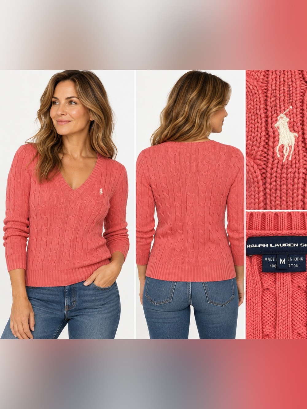 Ralph Lauren Sport Pink Cable Knit V-Neck Sweater 100% Cotton M
